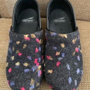 Gray multi colored dot Dansko clogs